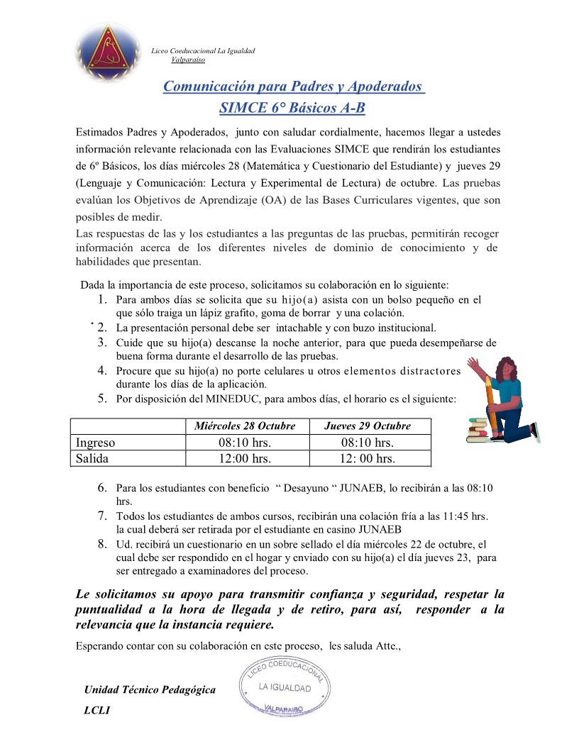 Comunicación para Padres y Apoderados SIMCE 6° Básicos A-B
